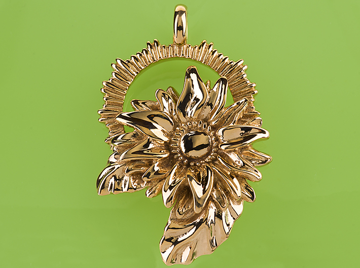 Sunrise Sunflower summer jewelry Necklace Pendant  3d printed Sunrise over sunflower in Polished Bronze 