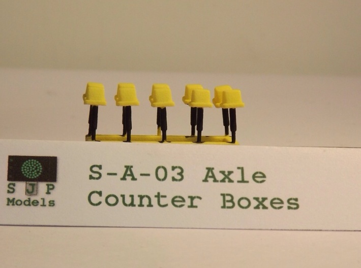 S-A-03 Axle Counters 3d printed This finished sample has been printed in Yellow Strong and Flexible Plastic with the post painted a Matt black. This is the recommended material for this product.
