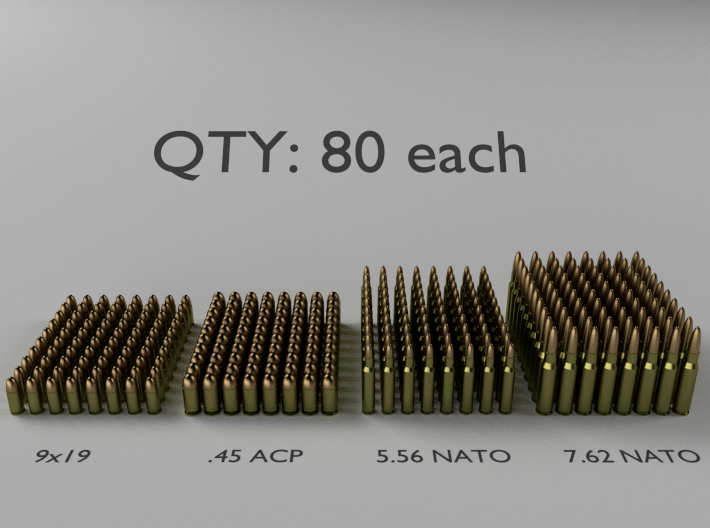 1:18 Scale Bullet Cartridges: 9mm/45 ACP/5.56/7.62 3d printed 