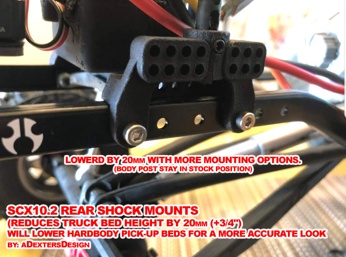SCX10ii,  -20mm SHOCK Mounts 3d printed Lowers Bed by 20mm and adds 12 more mounting hole options