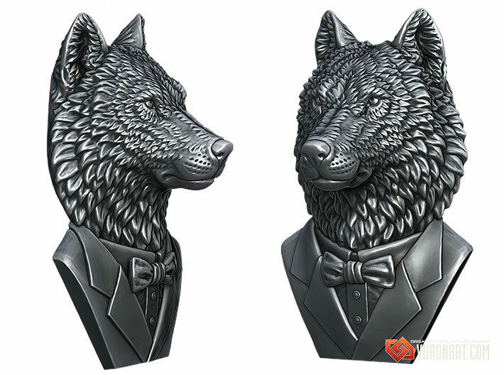 Wolf Gentleman Pendant 3d printed Antique silver. Digital preview. Not a photo