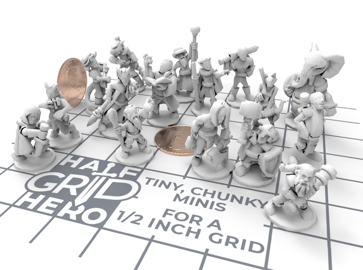 Hero variety pack 3d printed render shown on a half inch grid with pennies for scale