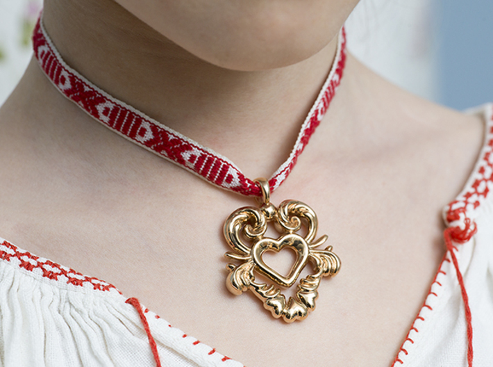 Swedish Folk Art Jewelry Kurbits Heart Dalarna  3d printed Swedish Dala Kurbits Heart in Bronze Polished