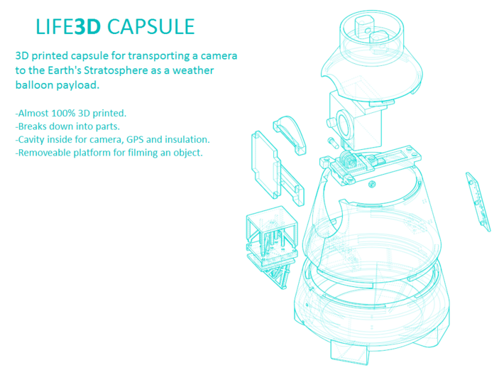 Life3D Weather Balloon Capsule - Base Section 3d printed Exploded View of All Parts