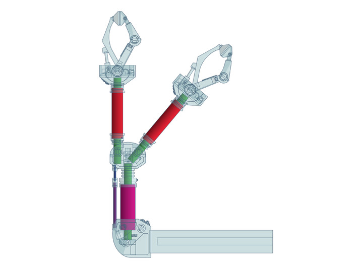 Moebius EVA Pod Arms, Version 2B 3d printed Red: 7mm tube. Magenta: 8mm tube. Green: 4mm rod. Purple: 1.5mm rod. Blue: 1mm rod.