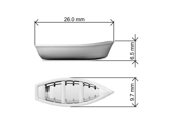 Wooden Boat 01. TT Scale (1:120) 3d printed Dimensions at 1:120 Scale.