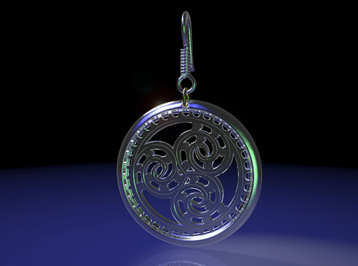 Hangarite Earring version two ~30mm diameter 3d printed 3DS Max raytraced render simulating fine detail polished silver material