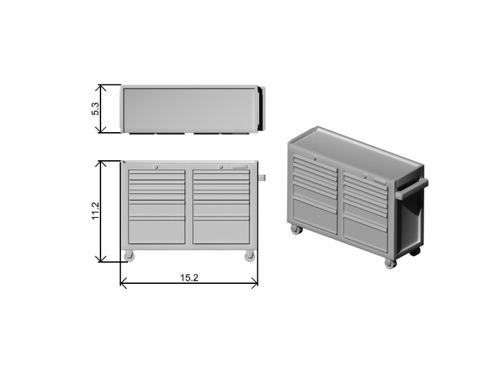 Rolling Tool Cabinet 01. 1:87 Scale (HO) 3d printed Dimensions at 1:87 Scale