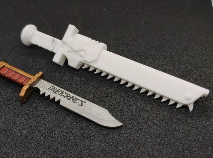 Action Figure Chainsword - Right Handed 3d printed Printed in White Natural Versatile Plastic, compared to a combat knife from a 1:12 scale action figure, Left Handed version shown