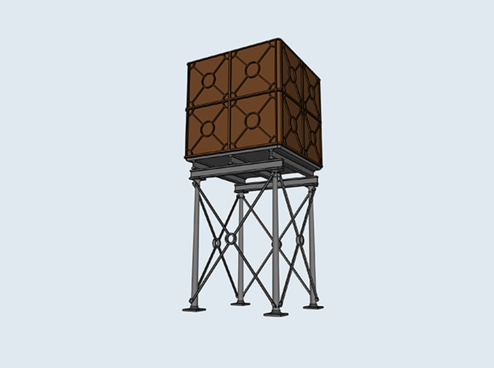 Two small english style H0 water tanks 3d printed You can get rid of the brick tower and make a double high tank. Digital render, the print has NO COLOR.