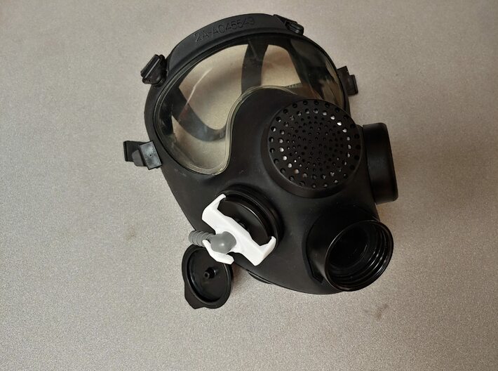 ARF-A Gas Mask Drinking Connector Right Angle 3d printed Shown attached to the ARF-A gas mask.  The connector rotates 360°.