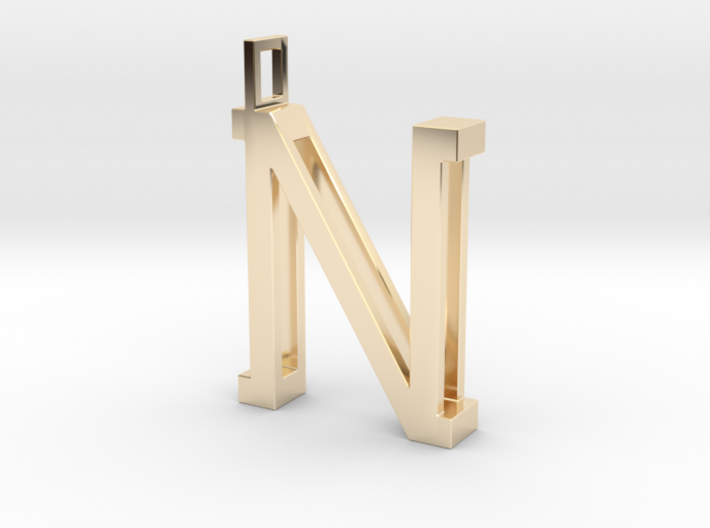 letter N monogram pendant 3d printed 14k Gold Plated Brass