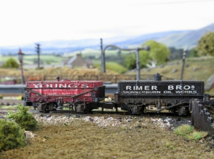 2x N Gauge 15T Rectangular Tanks 3d printed Models and photo t by Coyote@Ngaugeforum.co.uk with Robbie Burns' decals. 