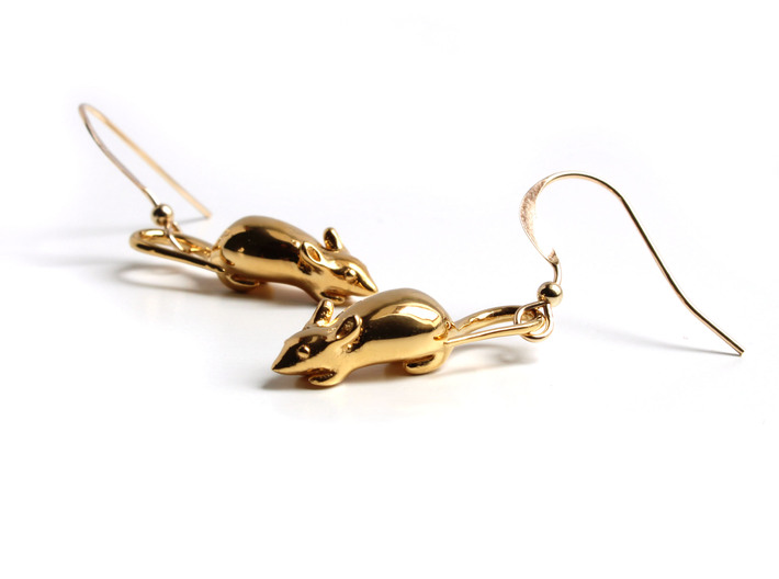 Mouse Earrings - Science Jewelry 3d printed Mouse earrings in 14K gold plated brass