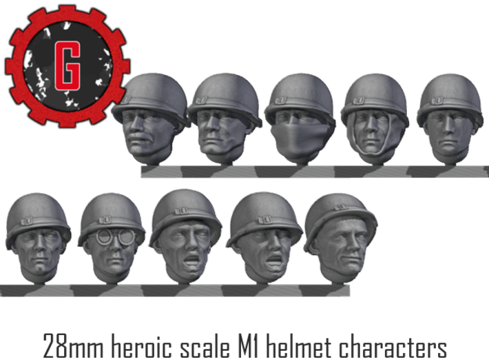 28mm Heroic Scale M1 Helmet Character heads 3d printed