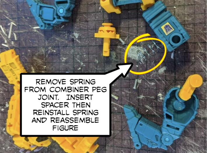 TF CW POTP Combiner Spring Tightening Spacers 3d printed Remove spring from Combiner Peg.  Insert spacer then reinstall spring and reassemble figure
