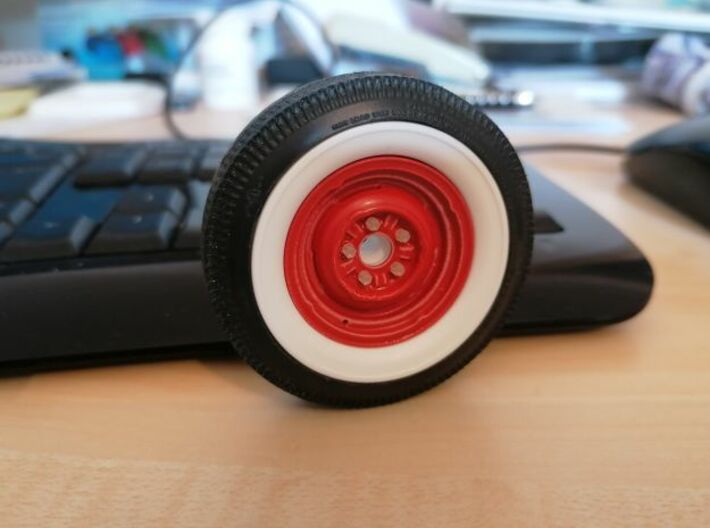 1/12 Steel wheels with drum brakes 3d printed mounted to 57 Chevy white wall tire