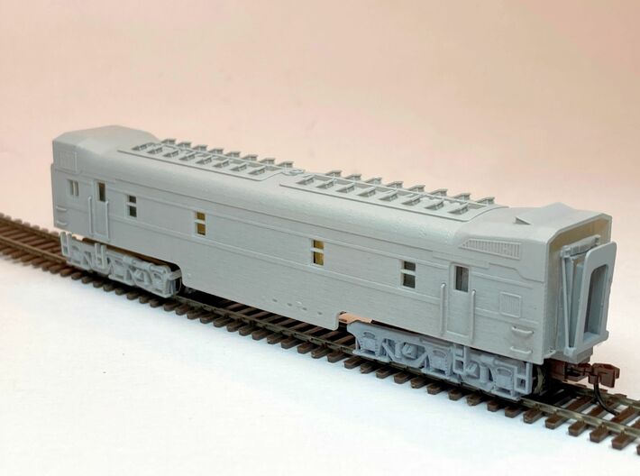 ATSF EMC 1A booster 3d printed primed shell and adapted trucks
