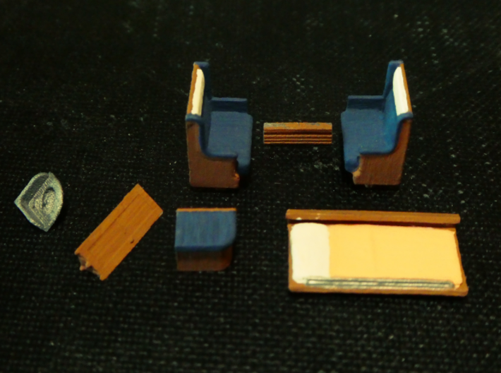 HO Pullman DR/C Furniture Pack, Ionic Style 3d printed ...and here are the components used to furnish one compartment.