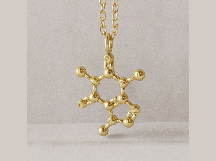 Caffeine Pendant - Molecular Jewelry 3d printed Caffeine Pendant in 14K gold plated brass