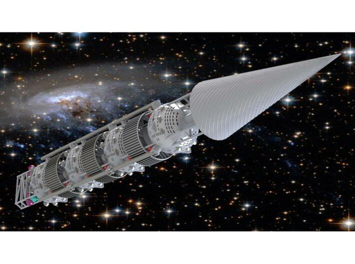 Smallest Scale Model of the Enzmann Lance W Stand 3d printed My Rendering with a Hubble Background