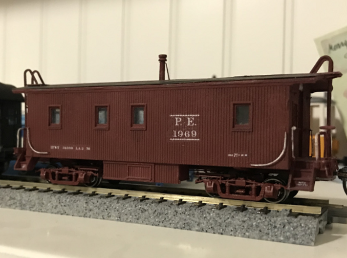 HO St. Louis No. 23 Electric Truck Set 3d printed This beautiful Pacific Electric caboose was modeled and photographed by Rey Castillo.  The trucks were printed in XSFDP and are equipped with 28" Intermountain wheels; style shown is "d00," meaning that the leaf springs are riding low with age  and wear.