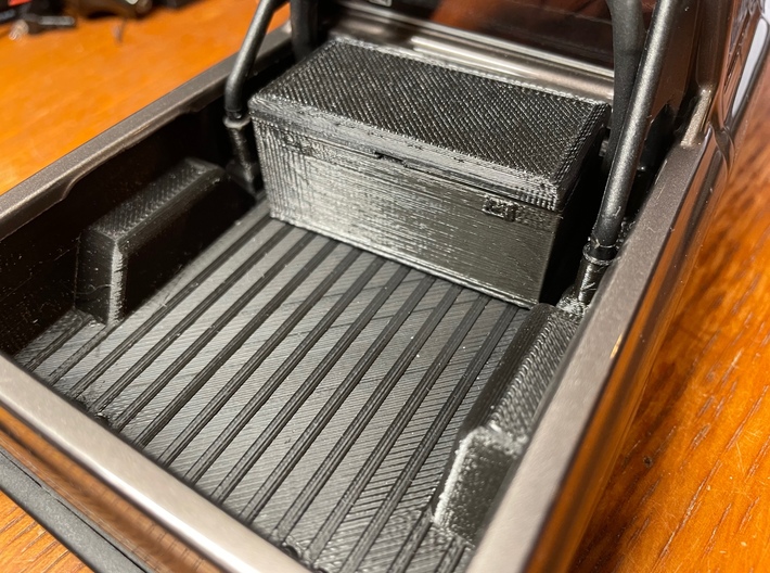 SCX24 C10 Truckbed Toolbox 3d printed Shown with the TRSH PNDA R/C truck bed. Truckbed sold separately. *Prototype shown, actual product may vary*