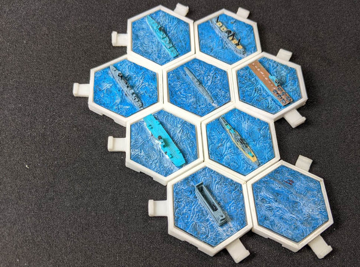 6pk HexLock hex tile carrier bases 3d printed Painted Makerbot print of hexlock carriers put together to build a board base with hex tile ships placed into them