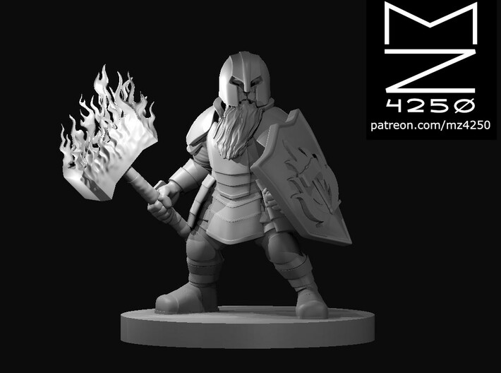 Dwarf Male Cleric w Flaming Hammer 3d printed