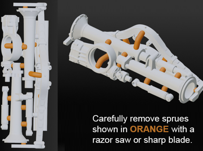 Quickchange rear with Crossmember, fits Revell 32 3d printed Remove sprues with a sharp hobby saw or blade. Do NOT use clippers; parts may shatter.