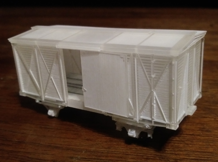HO F&PM 4-Wheel Boxcar Kit 3d printed The parts fit together so well that this photo was taken with no glue!   Glue IS required to finish a functioning model, of course, but cleanly-fitting parts make the process easier.