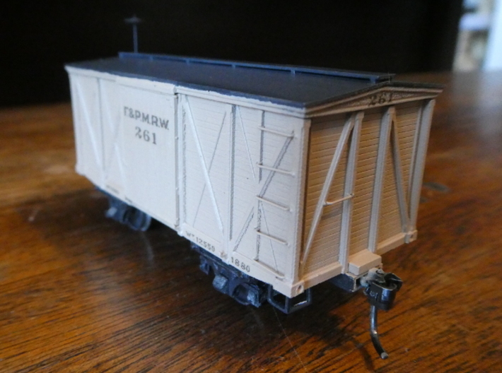 HO F&PM 4-Wheel Boxcar Kit 3d printed 19th Century safety standards-- or lack thereof-- yielded fascinating arrangements of ladder rungs and steps.  Preformed holes in the car sides and bending jigs included with the kit make it easy to apply this true-to-life arrangement of hardware.