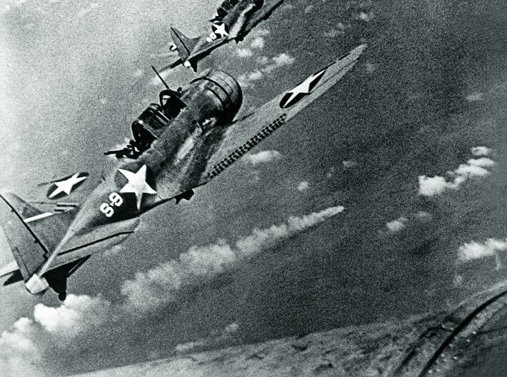 Nameplate Battle of Midway (10 cm) 3d printed SBD-3 Dauntless dive bombers approach the heavy cruiser Mikuma at the Battle of Midway,  6 June 1942.
