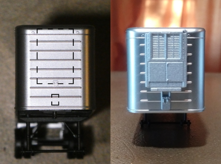 HO 1950s Semi Trailer Refrigeration Unit Set 3d printed Center the top of the front AC unit between the reflectors at the top corners of the Walthers trailer.  The top of the AC unit should not extend above the height of the trailer; the bottom of the junction box should rest just above the lowest corrugation.
