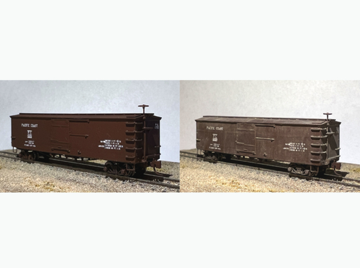 Nn3 Pacific Coast Railway 36'-6" Box Car 3d printed Unweathered (L), weathered ‘(R); trucks, couplers, screws, brake wheel, brass wire, decals not included.