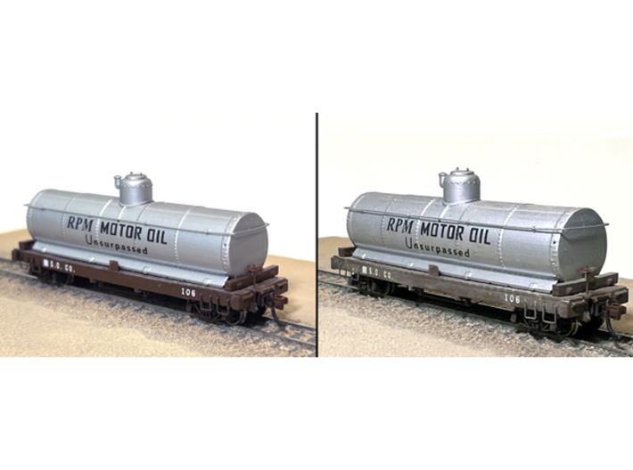 Nn3 Pacific Coast Railway/Standard Oil tank car 3d printed Unweathered (L), weathered ‘(R); trucks, couplers, screws, brake wheel, brass wire, decals not included.