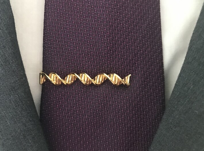 B-DNA Tie Clip 0.3 3d printed DNA tie clip on a tie in gold.