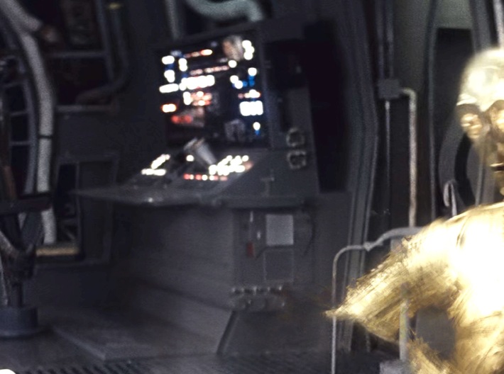 De Ago Falcon Navigation Console and Chair 3d printed The console side. Yes, the wedge panel between console and wall really was there! C-3PO looks kind of weird because the photo is actually a composite of multiple frames in order to get Chewbacca out of the frame.