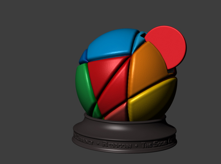 ReddCoin Spherical Logo 3d printed Quick render from Zbrush showing correct orientation and intended stand.