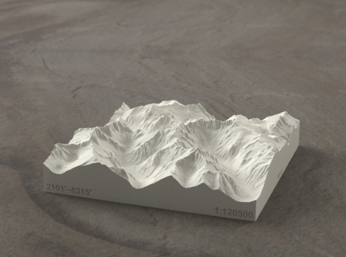 4'' Picket Range, Washington, USA, Sandstone 3d printed Rendering of model from the East, with McMillan Creek on the left