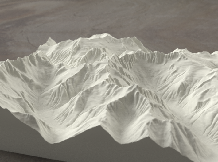 8'' Picket Range, Washington, USA, Sandstone 3d printed Rendering of model from the East, with McMillan Creek on the left