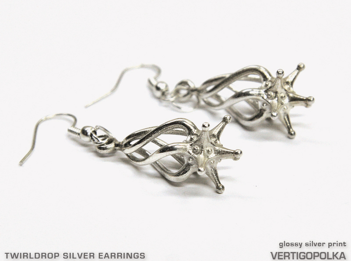 Twirldrop3 Silver Earrings 3d printed