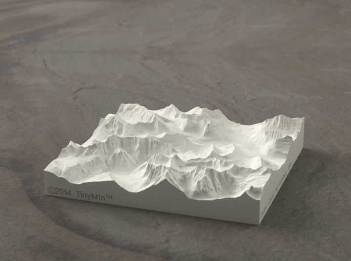 4'' Glacier National Park, Montana, USA, Sandstone 3d printed Rendering of model, looking East over the Going-to-the-Sun Road