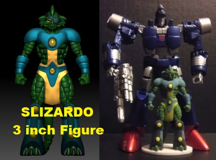 Slizardo homage Komodo 3inch Transformers Mini Fig 3d printed 3inch Slizardo printed in Full Color Sandstone with custom painted Generations Deluxe Scourge body. Scourge figure sold separately.