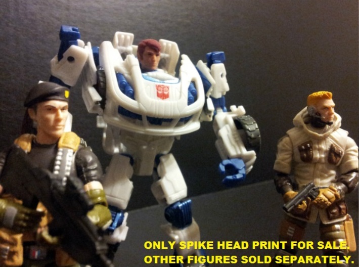 SPIKE Homage Exosuit Head For TF FOC JAZZ 3d printed ONLY SPIKE HEAD INCLUDED WITH PURCHASE. JAZZ body is fully transformable with Spike head attached. Spike head printed in Full Color Sandstone on FOC Jazz body. 4 inch G.I. Joes used to show scale. Jazz and G.I. Joe figures sold separately.