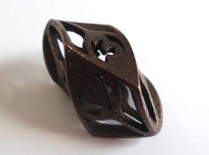 Twisty Spindle d6 3d printed In Polished Bronze Steel