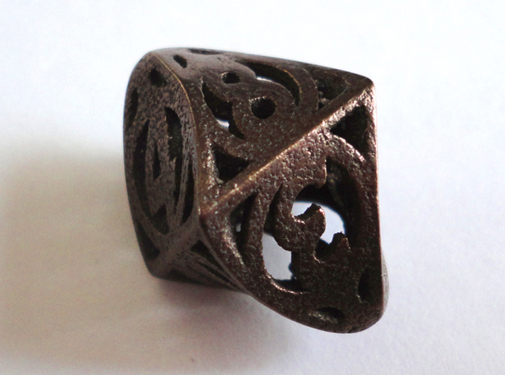 Twisty Spindle d8 3d printed In Polished Bronze Steel
