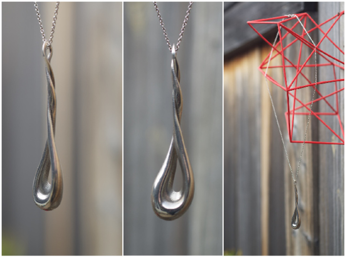 Twisting Pendant 3d printed Polished Silver Pendant with Silver Necklace Chain