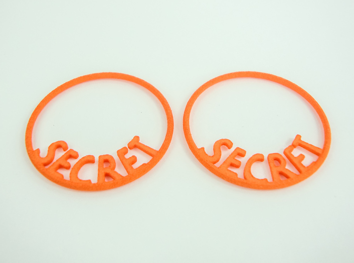 Custom Hoop Earrings - Secret 30mm 3d printed Custom text Hoop Earrings printed in Orange Strong &amp; Flexible Polished. Size is 30mm.
