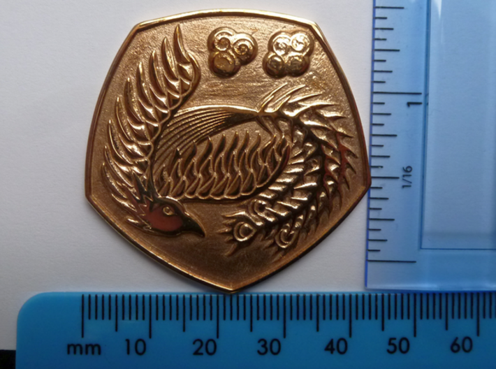 Polished Dragon Coin 3d printed with rulers for scale